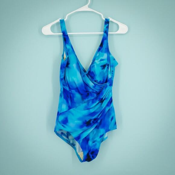 MiracleSuit Size Medium Swimsuit One Piece Blue Watercolor Print Wrap Shelf Bra - Picture 1 of 3